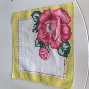 Vintage Floral Handkerchief Bold Red Rose on Yellow Border